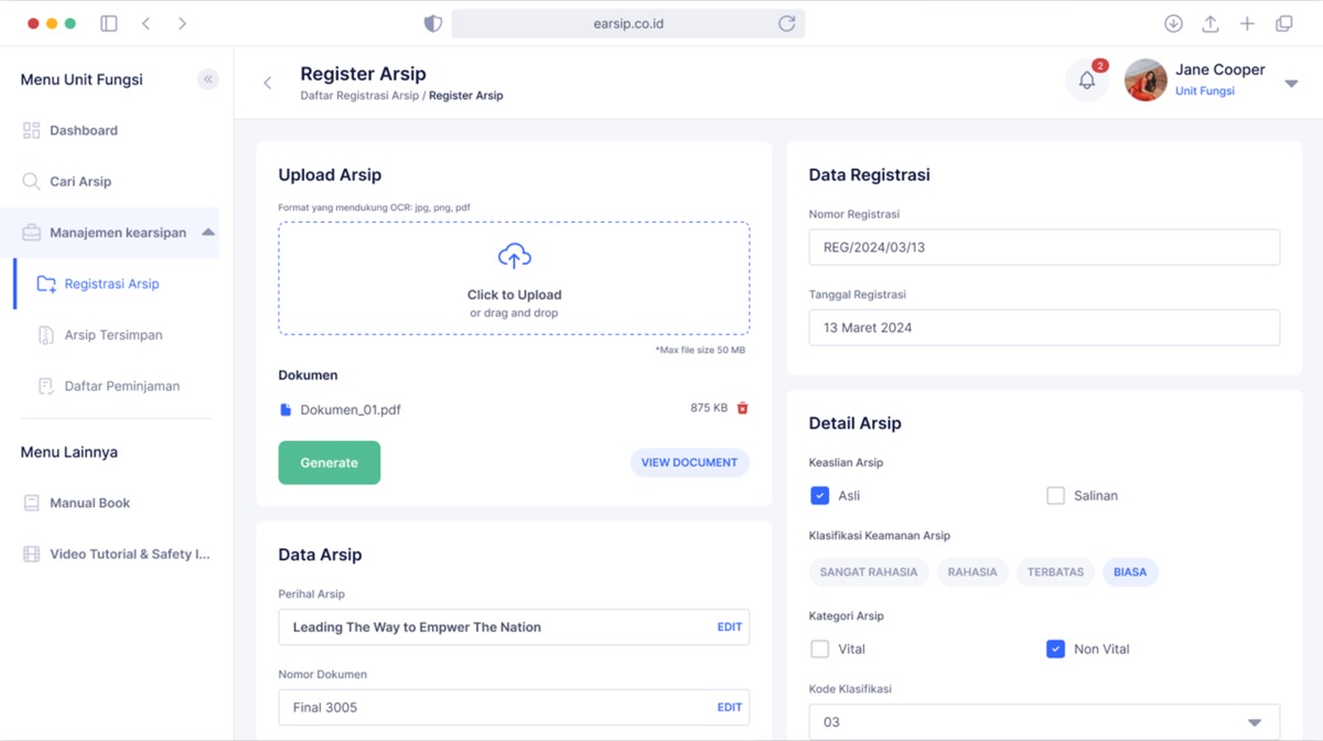 e-Arsip archive registration screen with OCR upload and classification fields