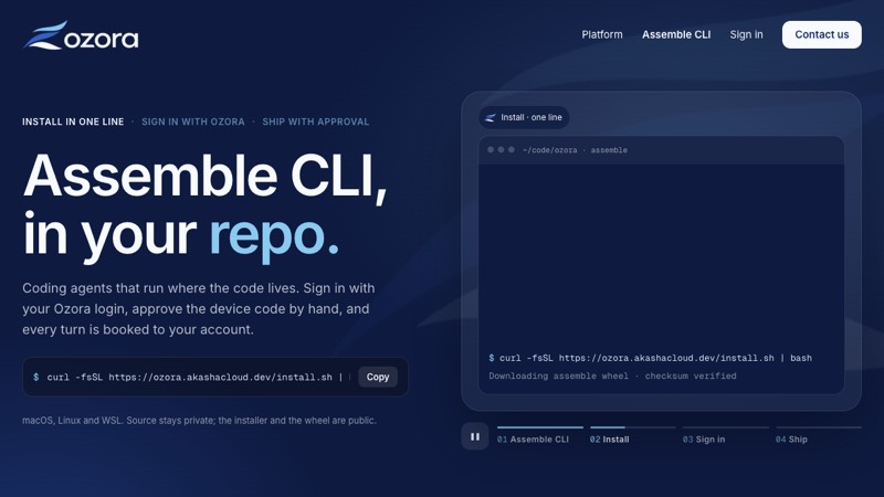 Assemble CLI page: a terminal installing the CLI in one line